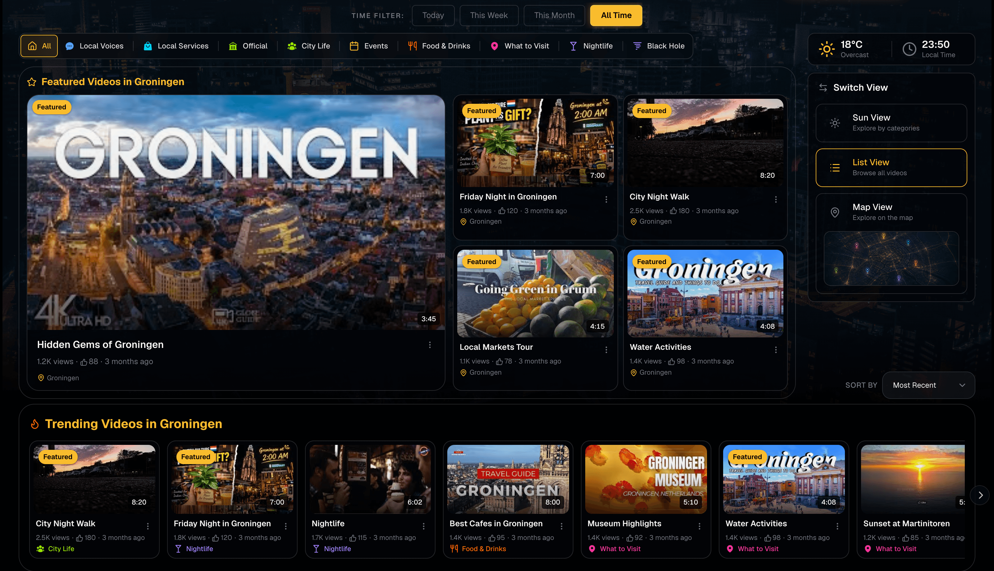 The List View: rows of video cards under featured and trending sections, with category, time and sort filters above them.