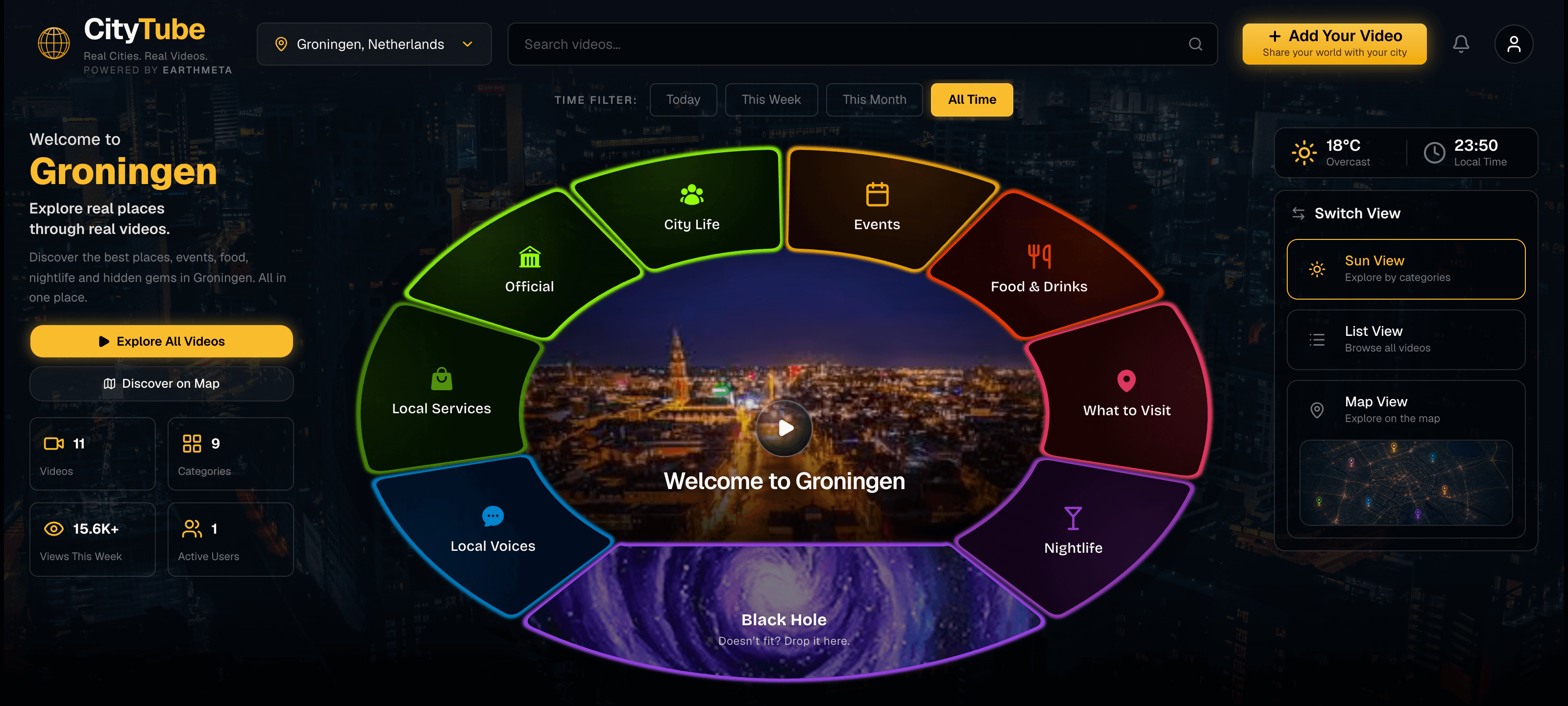CityTube’s Sun View: a wheel of category segments orbiting the city’s welcome video, with the city header and video rails around it.
